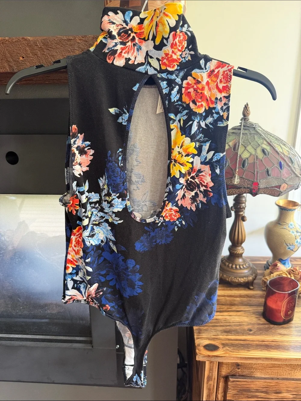 Free People Black Floral Mock Neck Bodysuit